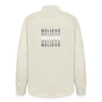 Faith in the Grid – Gray White - Relaxed Fit Unisex Organic Shirt by Stanley/Stella - soft Ecru - Back - AI Model Male 178 light (178cm)