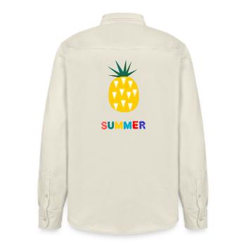 FEIERTAG. FROHE FEIERTAGE. GELIEBTE. MEISTER. LEHRER - Relaxed Fit Unisex Organic Hemd von Stanley/Stella - Natur - Hinten - AI Model Male 178 light (178cm)