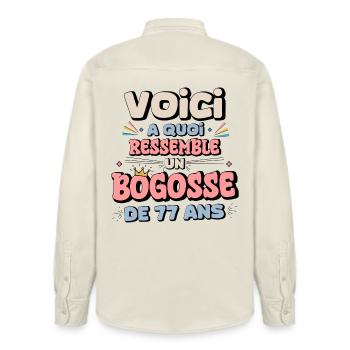 77th Birthday Humor - Relaxed Fit Unisex Organic Shirt by Stanley/Stella - soft Ecru - Back - AI Model Male 178 light (178cm)