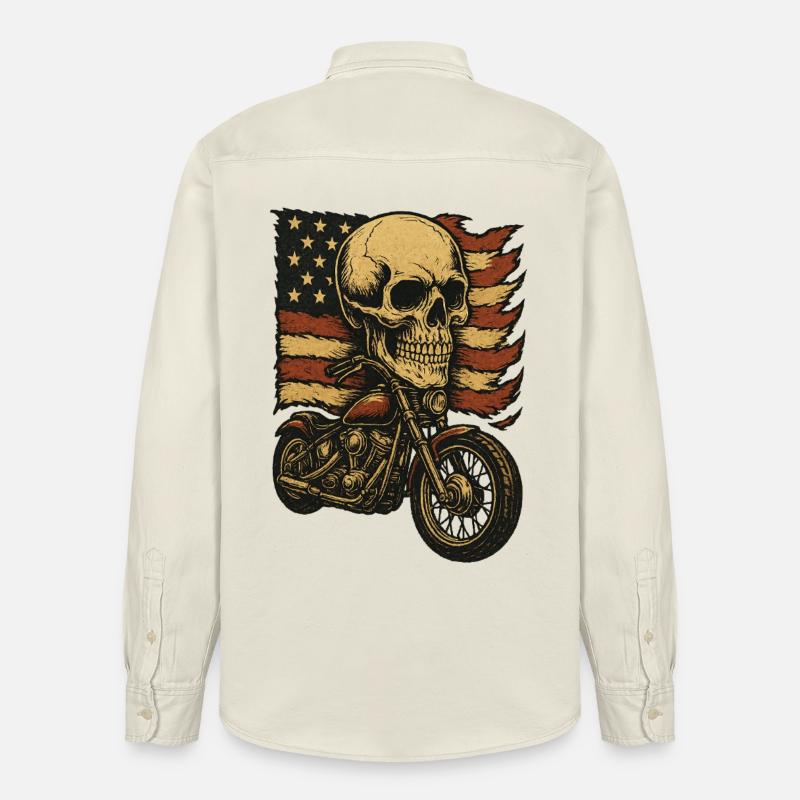 Moto skeleton devant le drapeau américain - Chemise unisexe coupe décontractée bio Stanley/Stella - écru doux