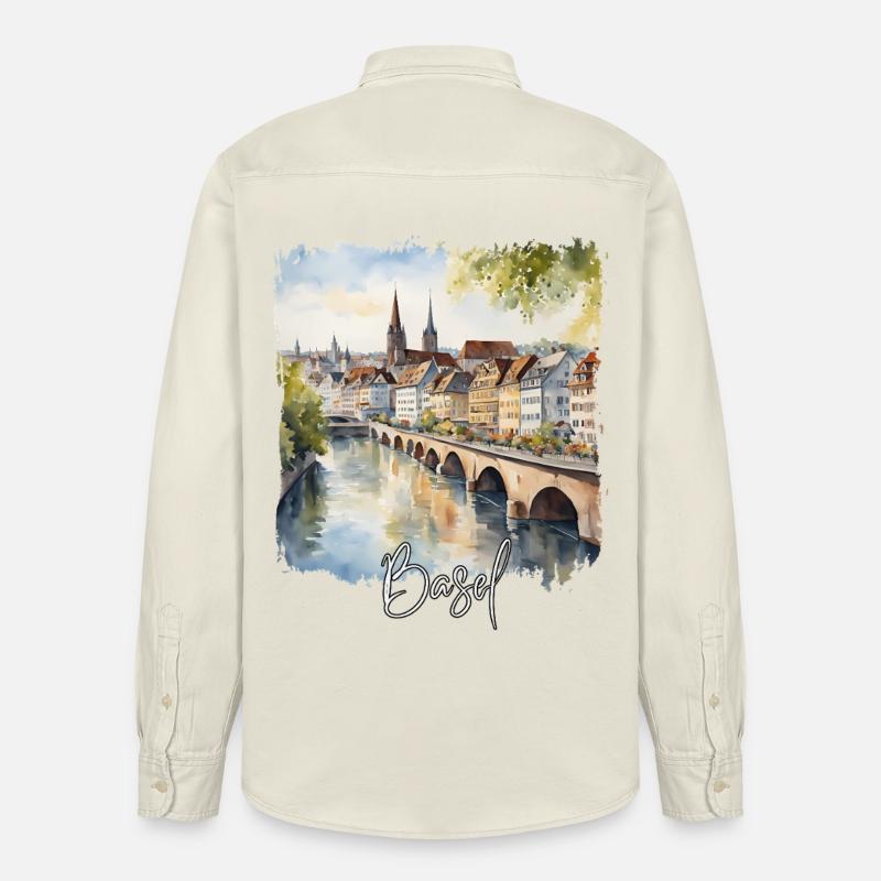 Aquarelle de Bâle, Bâle Suisse - Chemise unisexe coupe décontractée bio Stanley/Stella - écru doux