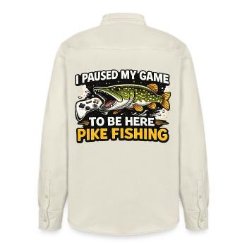 I Paused My Game For Pike Fishing Funny - Relaxed Fit Unisex Organic Shirt by Stanley/Stella - soft Ecru - Back - AI Model Male 178 light (178cm)