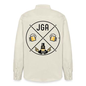 Signe de main du marié pour enterrement de vie de garçon Cercle de bière POS 3C - Chemise unisexe coupe décontractée bio Stanley/Stella - écru doux - Dos - AI Model Male 178 light (178cm)