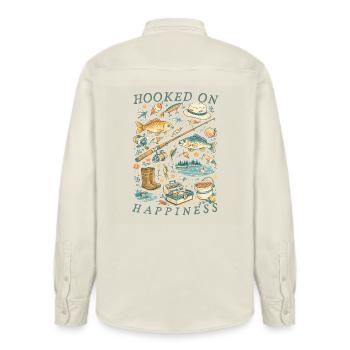 Hooked On Happiness Vintage-Angelausrüstung - Relaxed Fit Unisex Organic Hemd von Stanley/Stella - Natur - Hinten - AI Model Male 178 light (178cm)