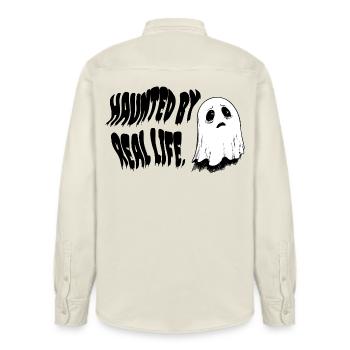 Haunted by Real Life | Sad Ghost Design - Relaxed Fit Unisex Organic Hemd von Stanley/Stella - Natur - Hinten - AI Model Male 178 light (178cm)