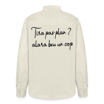 Tira pas plan ? alara beu un còp, pétanque apéro - Chemise unisexe coupe décontractée bio Stanley/Stella - écru doux - Dos - AI Model Male 178 light (178cm)