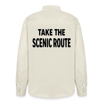 Take the scenic route Abenteuer Reise Spruch - Relaxed Fit Unisex Organic Shirt by Stanley/Stella - soft Ecru - Back - AI Model Male 178 light (178cm)
