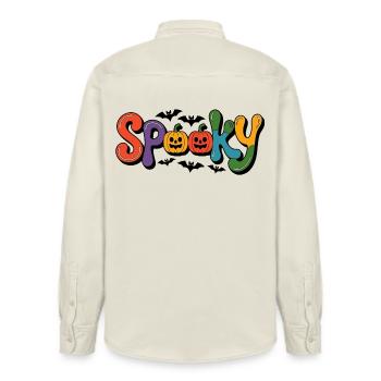 Spooky Schrift mit Kürbisgesichtern - Relaxed Fit Unisex Organic Hemd von Stanley/Stella - Natur - Hinten - AI Model Male 178 light (178cm)