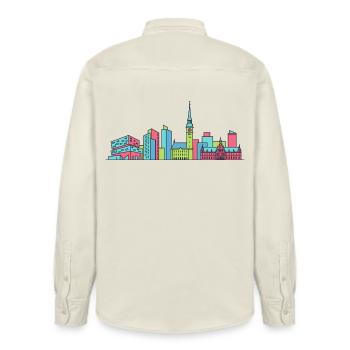 Hamburg City Skyline Speicherstadt Line Art - Relaxed Fit Unisex Organic Shirt by Stanley/Stella - soft Ecru - Back - AI Model Male 178 light (178cm)