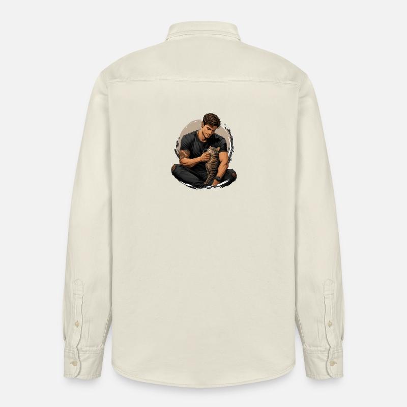 Homme avec chat : proximité silencieuse - Chemise unisexe coupe décontractée bio Stanley/Stella - écru doux