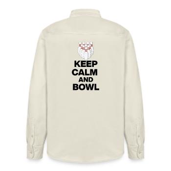 KEEP CALM AND BOWL, STRIKE MEISTER! PIN SNIPER - Relaxed Fit Unisex Organic Shirt by Stanley/Stella - soft Ecru - Back - AI Model Male 178 light (178cm)