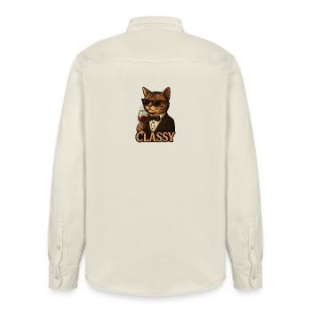 Sophisticated Cat with Wine and Tuxedo - Relaxed Fit Unisex Organic Shirt by Stanley/Stella - soft Ecru - Back - AI Model Male 178 light (178cm)