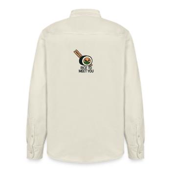 Sushi design with funny pun - Relaxed Fit Unisex Organic Shirt by Stanley/Stella - soft Ecru - Back - AI Model Male 178 light (178cm)