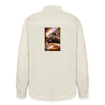 Cat in Dolce Vita Suit with Pasta - Relaxed Fit Unisex Organic Shirt by Stanley/Stella - soft Ecru - Back - AI Model Male 178 light (178cm)