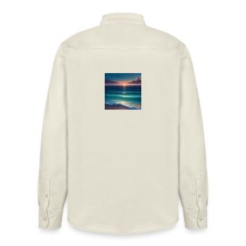 Atlantic Sunset over the Tranquil Sea - Relaxed Fit Unisex Organic Shirt by Stanley/Stella - soft Ecru - Back - AI Model Male 178 light (178cm)