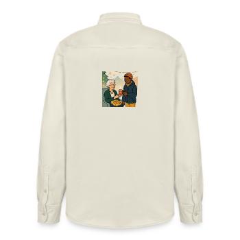 Grandma Karin with her grandson - Relaxed Fit Unisex Organic Shirt by Stanley/Stella - soft Ecru - Back - AI Model Male 178 light (178cm)