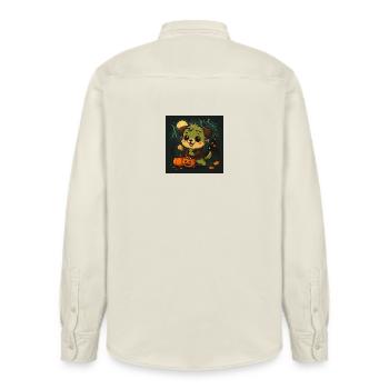Frankenpawe Halloween Friend Dog Chibi Kawaii - Relaxed Fit Unisex Organic Shirt by Stanley/Stella - soft Ecru - Back - AI Model Male 178 light (178cm)
