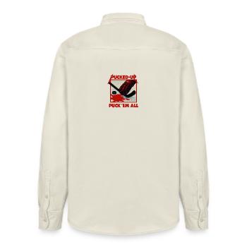 Pucked-Up Blood Red Hockey Graphic - Relaxed Fit Unisex Organic Shirt by Stanley/Stella - soft Ecru - Back - AI Model Male 178 light (178cm)