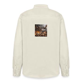 Skeleton Dragons in Flames - Relaxed Fit Unisex Organic Shirt by Stanley/Stella - soft Ecru - Back - AI Model Male 178 light (178cm)