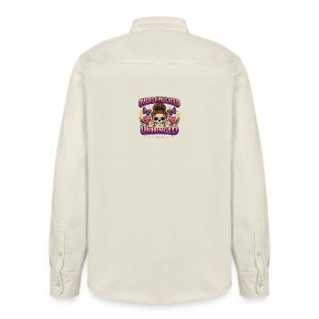 Overstimulated Unhinged Patchkunst - Relaxed Fit Unisex Organic Hemd von Stanley/Stella - Natur - Hinten - AI Model Male 178 light (178cm)