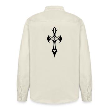 Cross, Crucifix, with gemstone and thorns. - Relaxed Fit Unisex Organic Shirt by Stanley/Stella - soft Ecru - Back - AI Model Male 178 light (178cm)