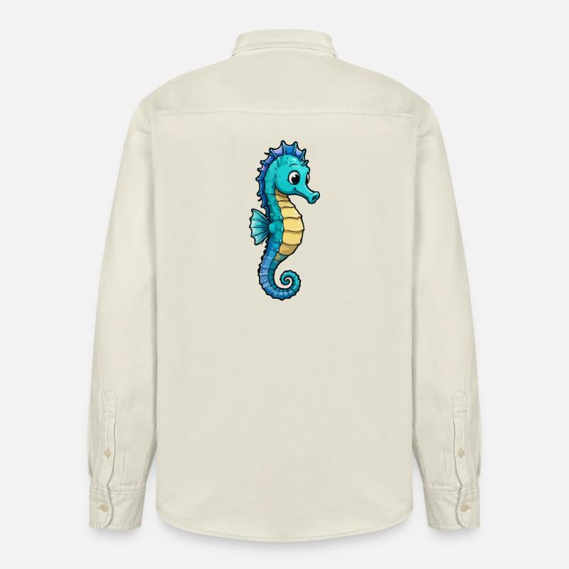 Dessin animé de l’hippocampe turquoise - Chemise unisexe coupe décontractée bio Stanley/Stella - écru doux