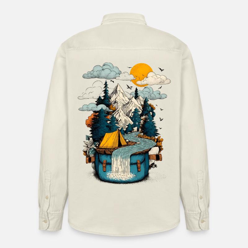 Mountain Lake Path - Camping Backpacker Motif - Relaxed Fit Unisex Organic Shirt by Stanley/Stella - soft Ecru