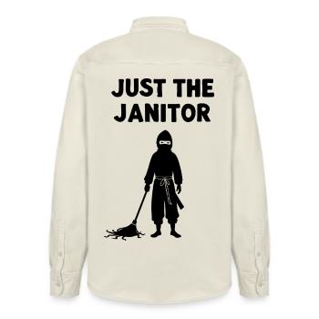 Just The Janitor – Ninja Humor Saying - Relaxed Fit Unisex Organic Shirt by Stanley/Stella - soft Ecru - Back - AI Model Male 178 light (178cm)