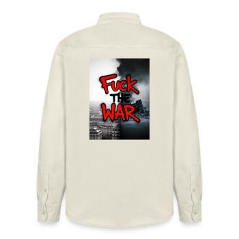 F**K THE War - Relaxed Fit Unisex Organic Shirt by Stanley/Stella - soft Ecru - Back - AI Model Male 178 light (178cm)