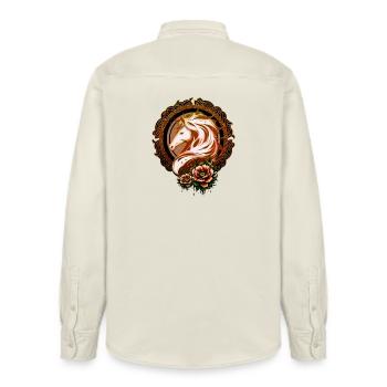 The elegant horse's head adorned with flowers. - Relaxed Fit Unisex Organic Shirt by Stanley/Stella - soft Ecru - Back - AI Model Male 178 light (178cm)