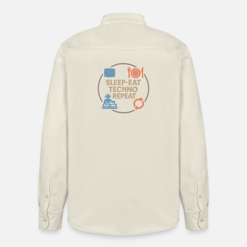 Humour techno – Sommeil · Manger · Techno · Répéter - Chemise unisexe coupe décontractée bio Stanley/Stella - écru doux