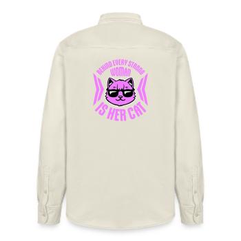 Behind Every Strong Woman Is Her Cat Spruch Katze - Relaxed Fit Unisex Organic Shirt by Stanley/Stella - soft Ecru - Back - AI Model Male 178 light (178cm)