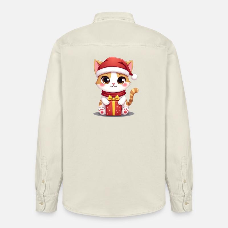 Chat mignon Noël avec cadeau - Chemise unisexe coupe décontractée bio Stanley/Stella - écru doux