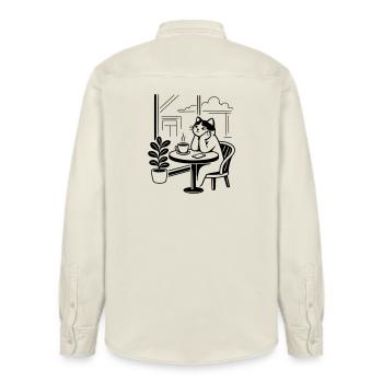 Thoughtful Cat Cafe - Relaxed Fit Unisex Organic Shirt by Stanley/Stella - soft Ecru - Back - AI Model Male 178 light (178cm)
