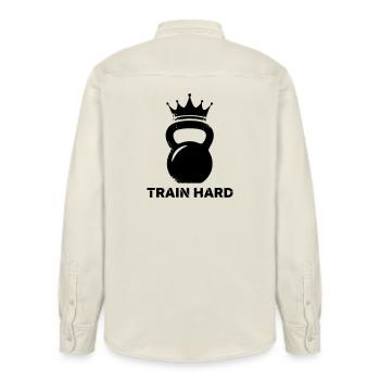 Kettlebell Krone Train Hard - Relaxed Fit Unisex Organic Hemd von Stanley/Stella - Natur - Hinten - AI Model Male 178 light (178cm)