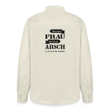 Ohne meine Frau wär ich am Arsch lustig - Relaxed Fit Unisex Organic Hemd von Stanley/Stella - Natur - Hinten - AI Model Male 178 light (178cm)