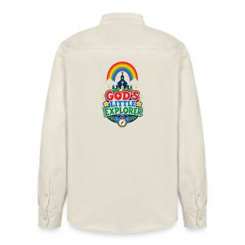 God's Little Explorer - Relaxed Fit Unisex Organic Shirt by Stanley/Stella - soft Ecru - Back - AI Model Male 178 light (178cm)
