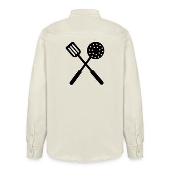 Frying baking tools crossed - Relaxed Fit Unisex Organic Shirt by Stanley/Stella - soft Ecru - Back - AI Model Male 178 light (178cm)