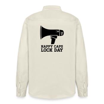 Megaphone Happy Caps Lock Day Nerd - Relaxed Fit Unisex Organic Shirt by Stanley/Stella - soft Ecru - Back - AI Model Male 178 light (178cm)