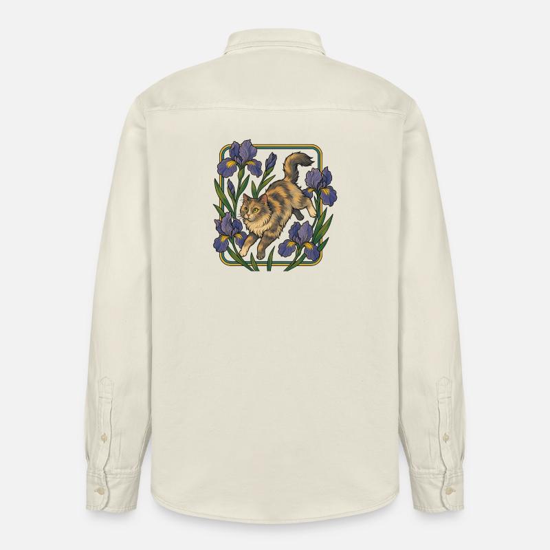 Chat élégant parmi les fleurs d'iris - Chemise unisexe coupe décontractée bio Stanley/Stella - écru doux