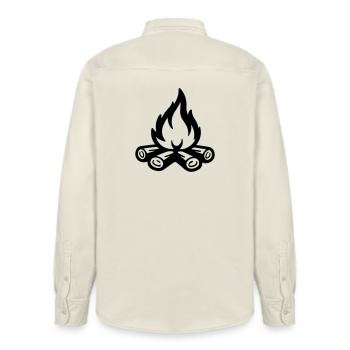 Campfire Symbol Flame - Relaxed Fit Unisex Organic Shirt by Stanley/Stella - soft Ecru - Back - AI Model Male 178 light (178cm)