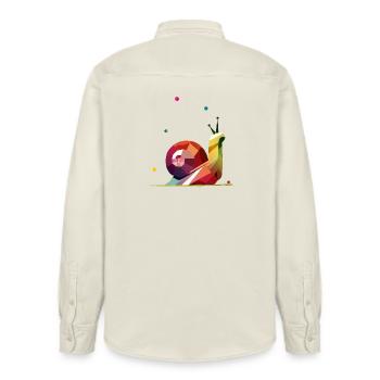 colorful snail in geometric design - Relaxed Fit Unisex Organic Shirt by Stanley/Stella - soft Ecru - Back - AI Model Male 178 light (178cm)