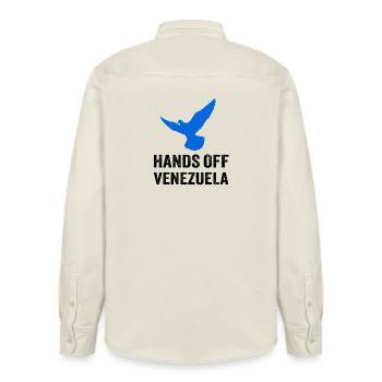 HANDS OFF VENEZUELA - Relaxed Fit Unisex Organic Shirt by Stanley/Stella - soft Ecru - Back - AI Model Male 178 light (178cm)