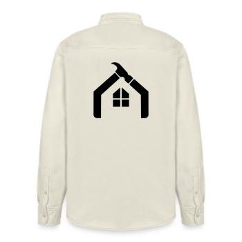 Artisan Janitor Logo – Hammer - Relaxed Fit Unisex Organic Shirt by Stanley/Stella - soft Ecru - Back - AI Model Male 178 light (178cm)