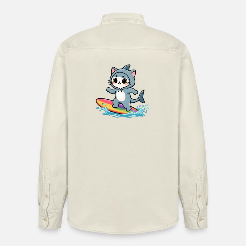 Chat requin sur planche de surf arc-en-ciel - Chemise unisexe coupe décontractée bio Stanley/Stella - écru doux