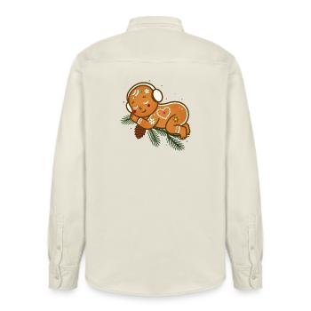 Baby gingerbread snuggled up on fir branches - Relaxed Fit Unisex Organic Shirt by Stanley/Stella - soft Ecru - Back - AI Model Male 178 light (178cm)