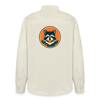 Raccoon Emblem in Orange - Relaxed Fit Unisex Organic Shirt by Stanley/Stella - soft Ecru - Back - AI Model Male 178 light (178cm)