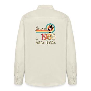 January 1956 70 Years Anniversary Gift - Relaxed Fit Unisex Organic Shirt by Stanley/Stella - soft Ecru - Back - AI Model Male 178 light (178cm)
