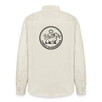 Stormproof Dachshund Badge - Relaxed Fit Unisex Organic Shirt by Stanley/Stella - soft Ecru - Back - AI Model Male 178 light (178cm)