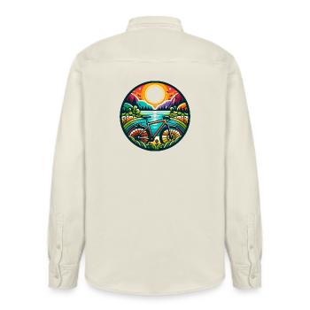Colorful Gravel Quest: Sun-Kissed Wilderness - Relaxed Fit Unisex Organic Shirt by Stanley/Stella - soft Ecru - Back - AI Model Male 178 light (178cm)